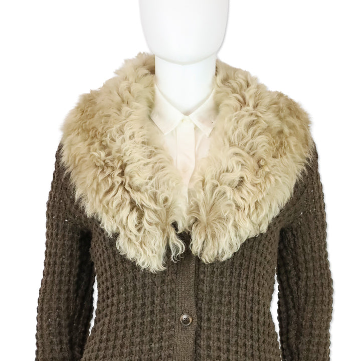 Ralph Lauren Brown Wool/Cashmere Waffle Knit Shearling Collar Long Cardigan