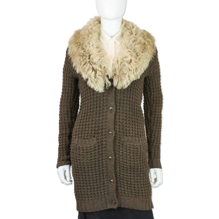 Ralph Lauren Brown Wool/Cashmere Waffle Knit Shearling Collar Long Cardigan