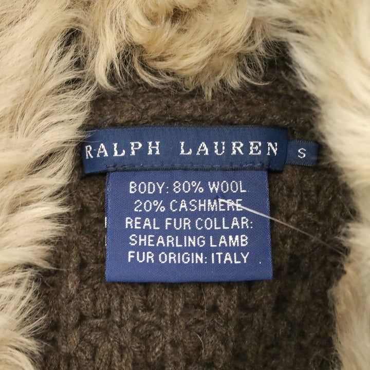 Ralph Lauren Brown Wool/Cashmere Waffle Knit Shearling Collar Long Cardigan