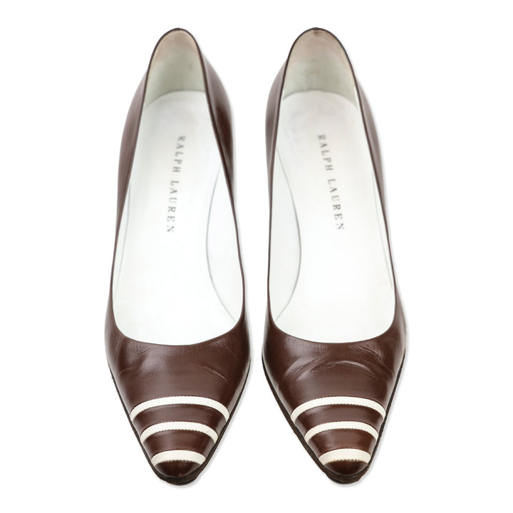 Ralph Lauren Brown/White Striped Leather Pointed Toe Pumps
