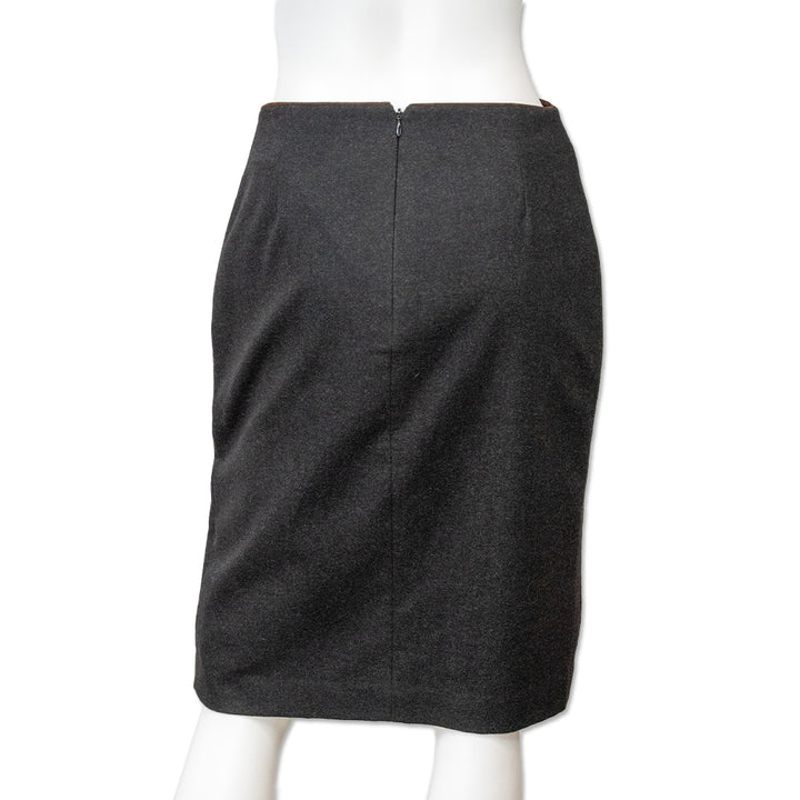 Ralph Lauren Charcoal Wool Midi Skirt with Brown Suede Piping