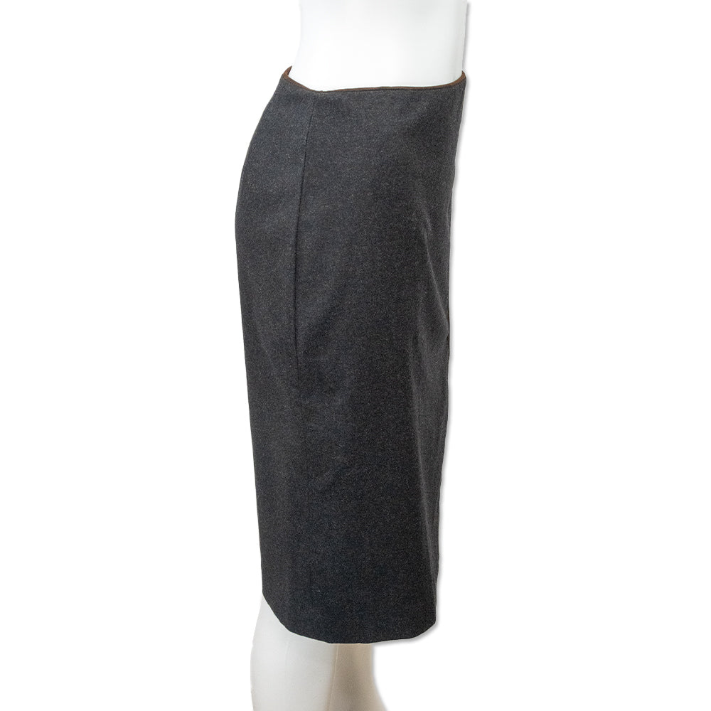 Ralph Lauren Charcoal Wool Midi Skirt with Brown Suede Piping