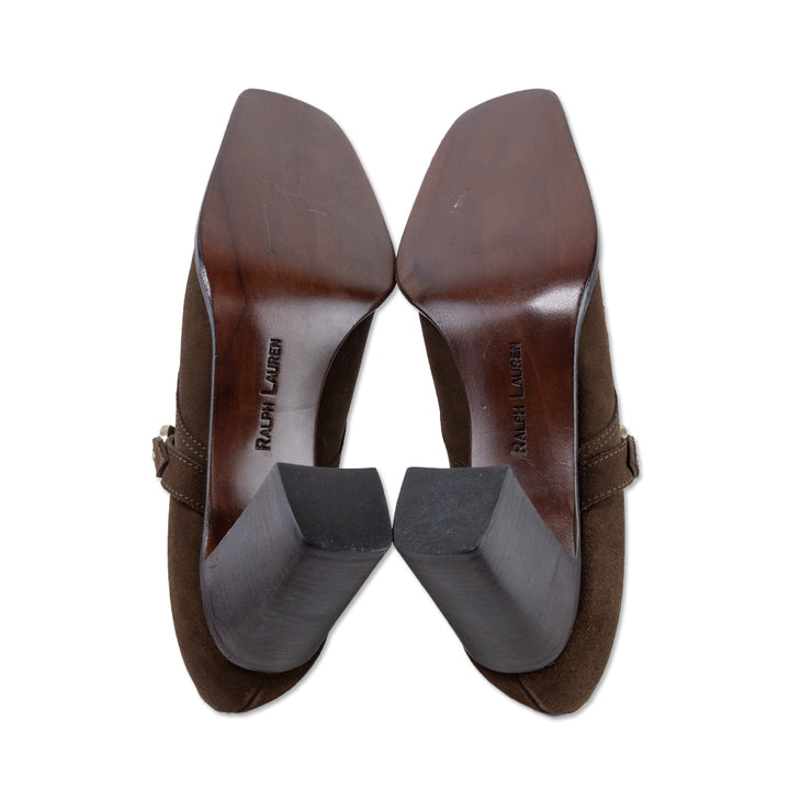 Ralph Lauren Collection Brown Suede Monk Strap Block Heel Pumps