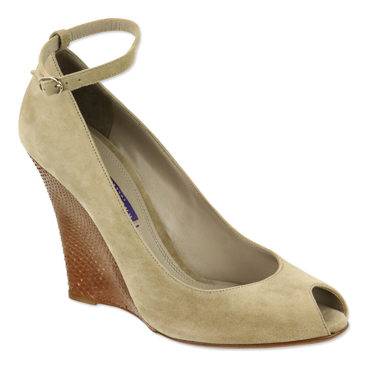 Ralph Lauren Collection Taupe Suede Ankle-Strap Wedge Pump