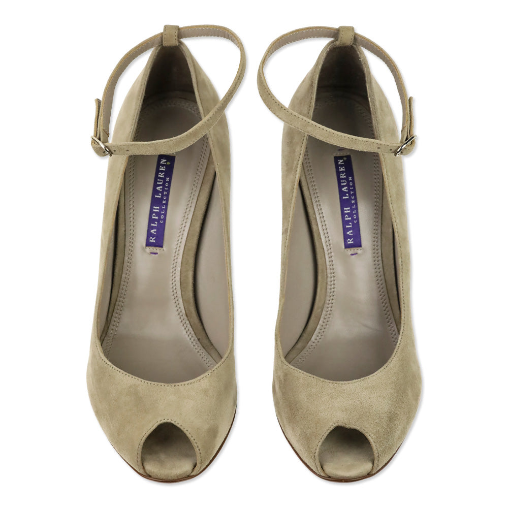 Ralph Lauren Collection Taupe Suede Ankle-Strap Wedge Pump