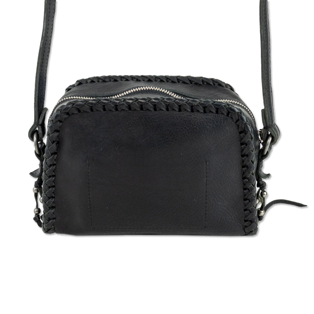 Ralph Lauren Woven Trim Black Leather Crossbody