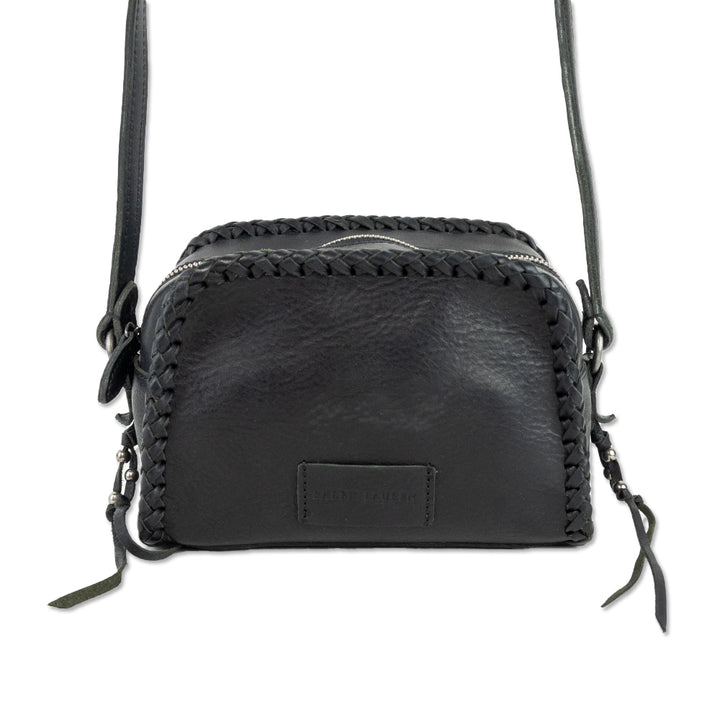 Ralph Lauren Woven Trim Black Leather Crossbody