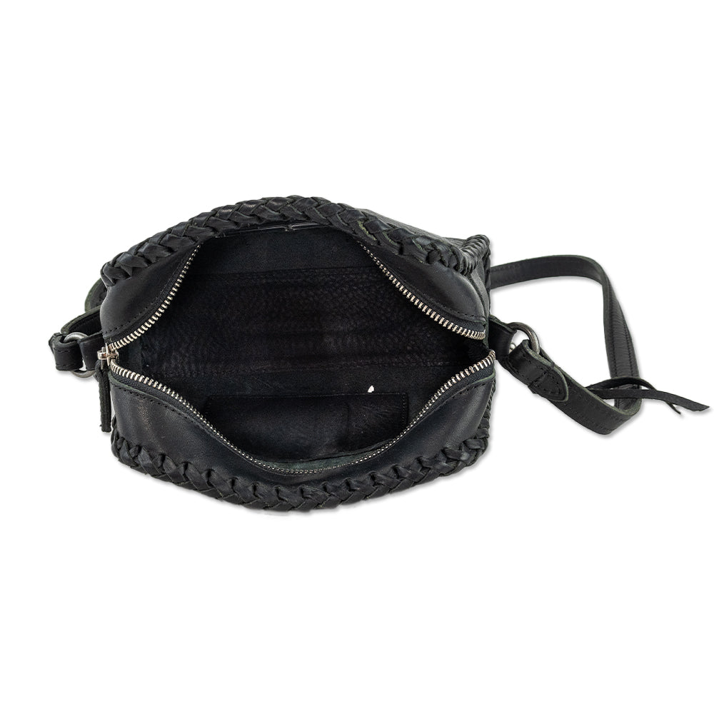 Ralph Lauren Woven Trim Black Leather Crossbody