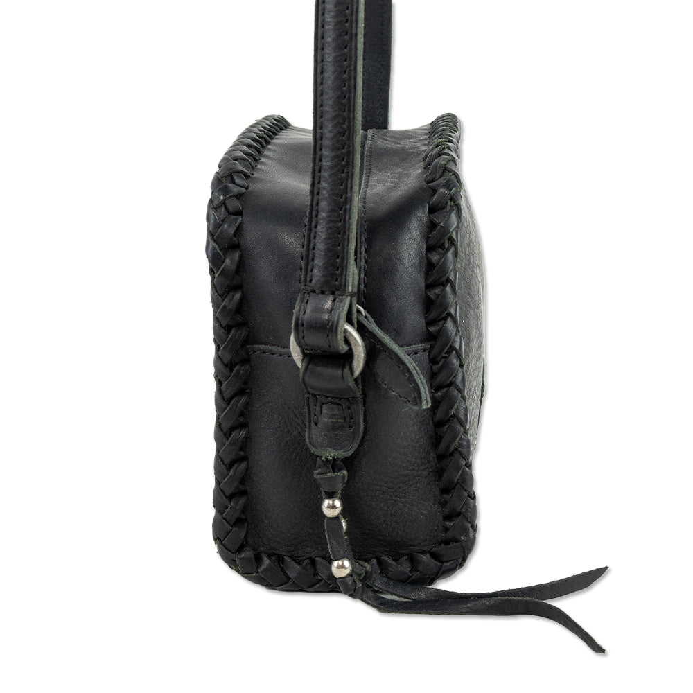 Ralph Lauren Woven Trim Black Leather Crossbody