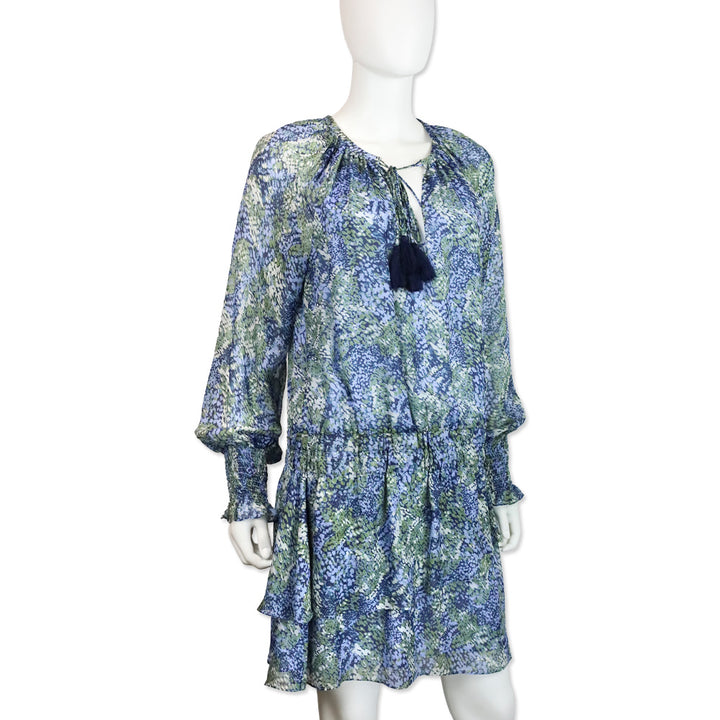 Ramy Brook Brinley Blue Sage Printed-Silk Blouson Mini Dress