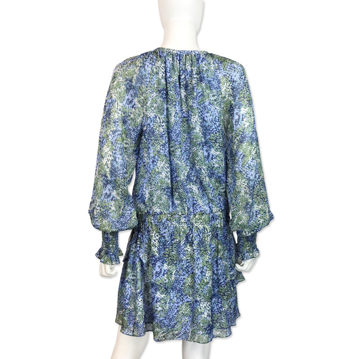 Ramy Brook Brinley Blue Sage Printed-Silk Blouson Mini Dress