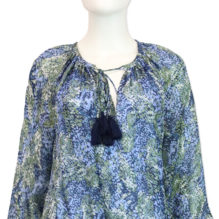 Ramy Brook Brinley Blue Sage Printed-Silk Blouson Mini Dress