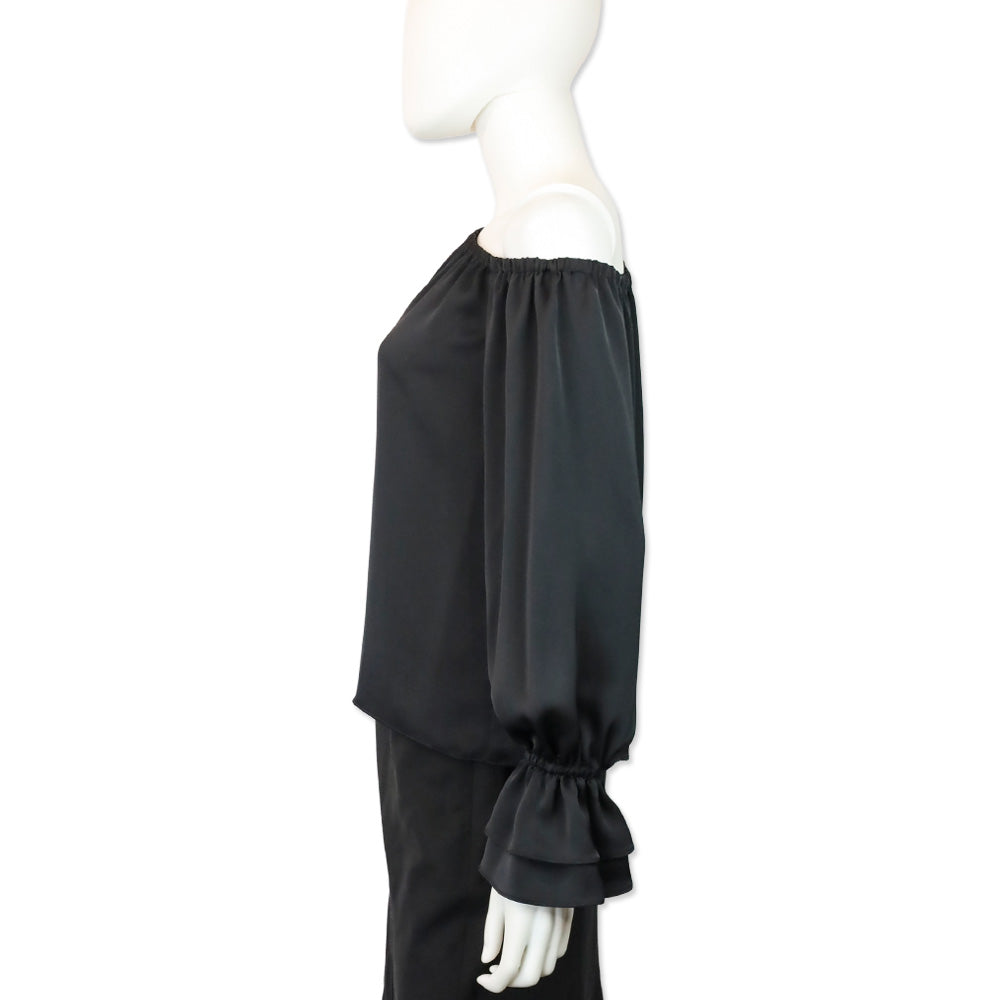Ramy Brook Murphy Off-The-Shoulder Long Sleeve Black Satin Top