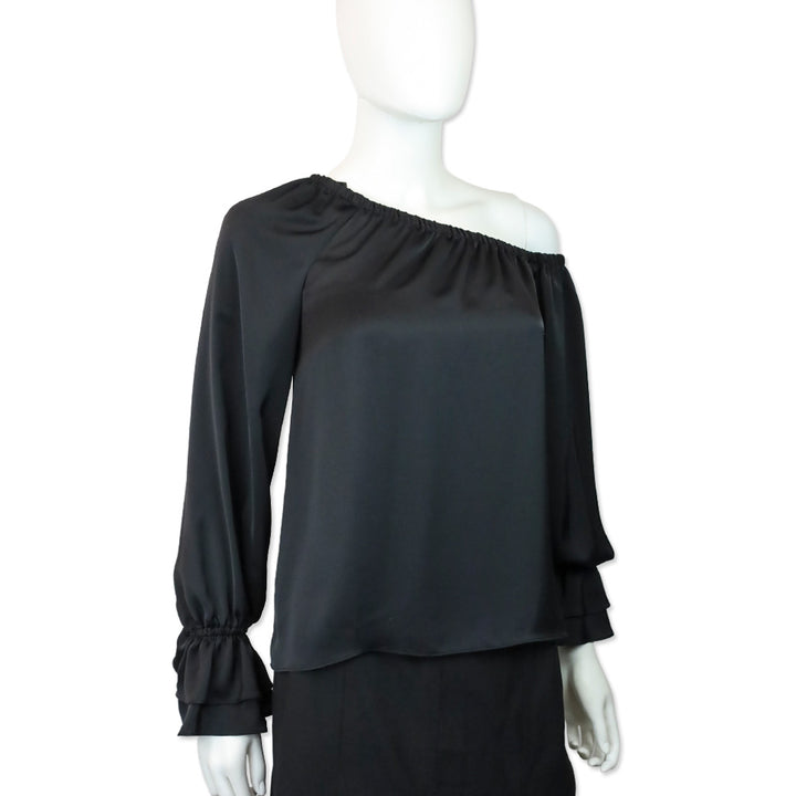 Ramy Brook Murphy Off-The-Shoulder Long Sleeve Black Satin Top