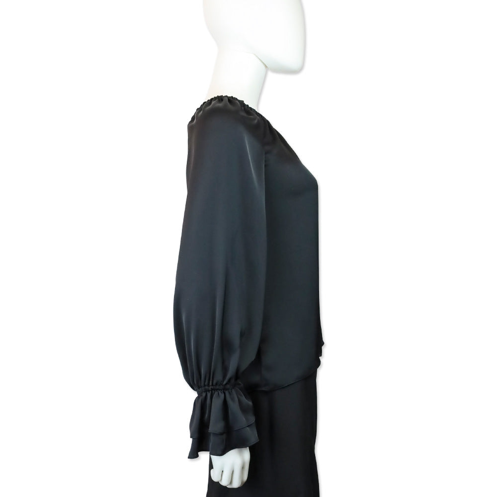 Ramy Brook Murphy Off-The-Shoulder Long Sleeve Black Satin Top