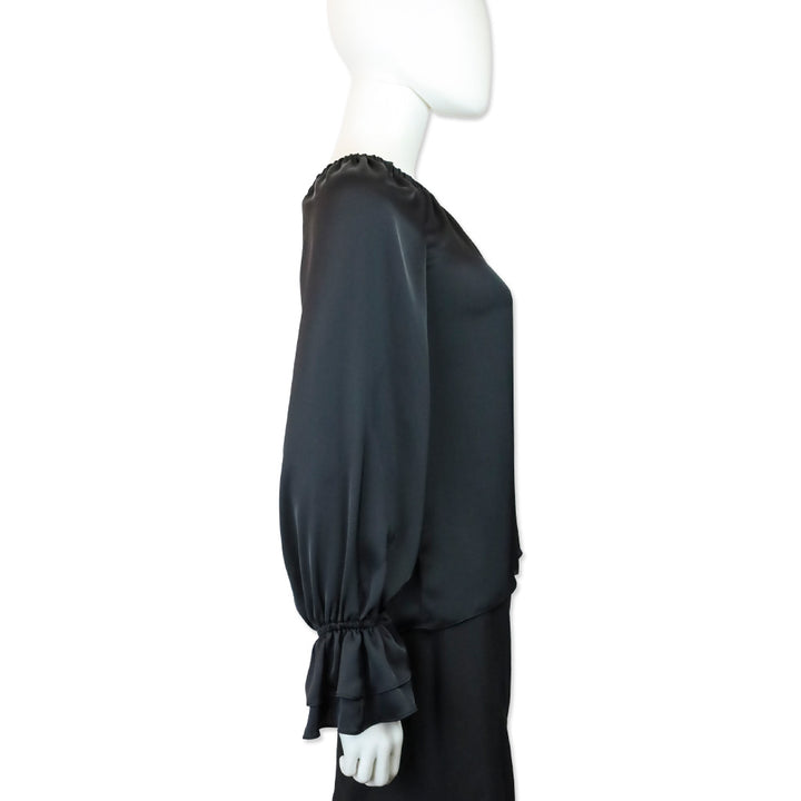Ramy Brook Murphy Off-The-Shoulder Long Sleeve Black Satin Top