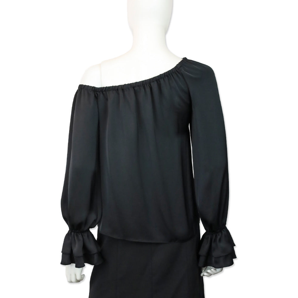 Ramy Brook Murphy Off-The-Shoulder Long Sleeve Black Satin Top