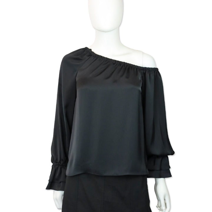 Ramy Brook Murphy Off-The-Shoulder Long Sleeve Black Satin Top