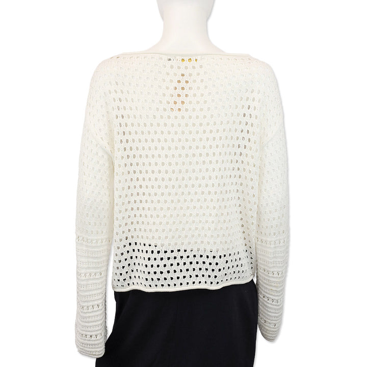 Ramy Brook White Crochet Cotton Knit Long Sleeve Top