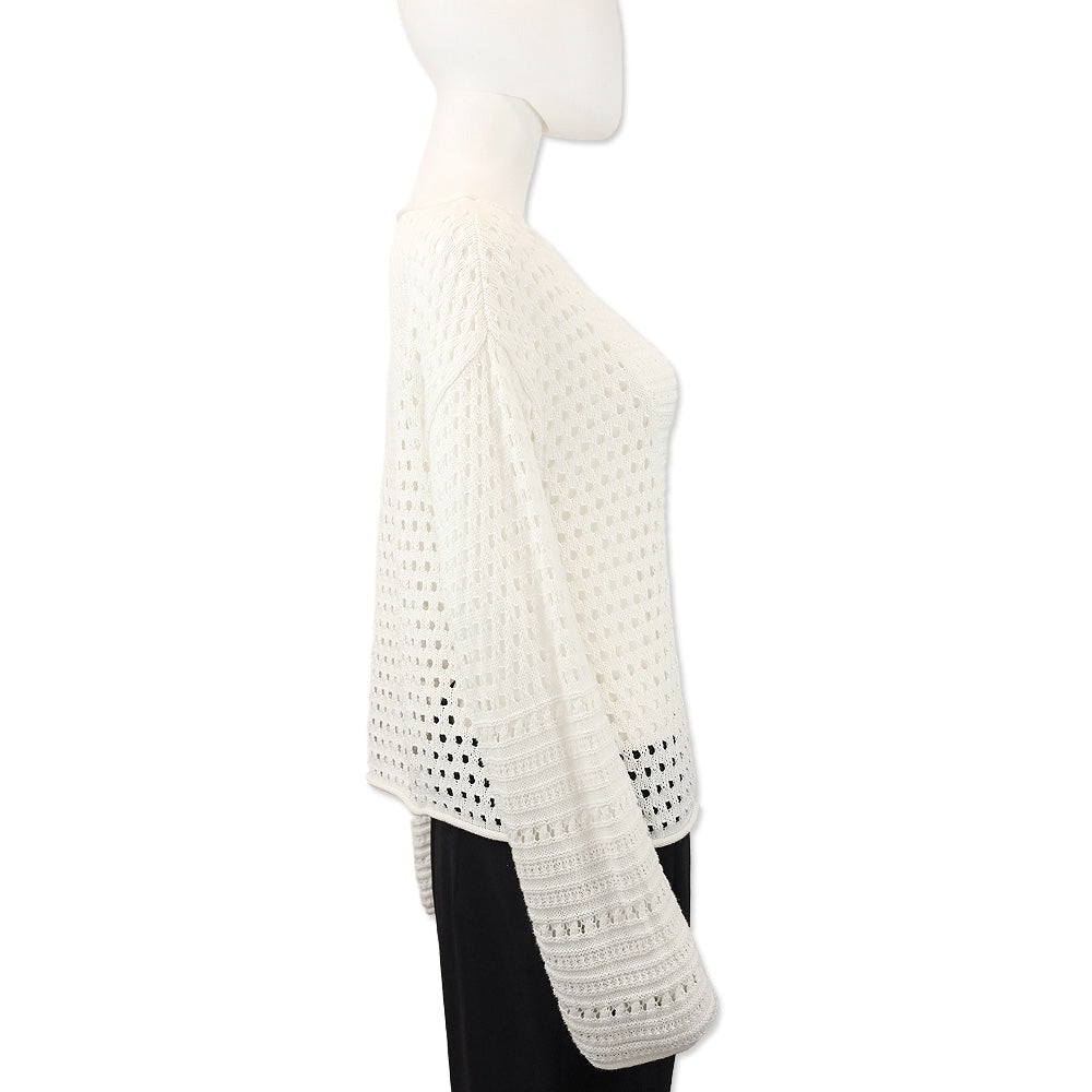 Ramy Brook White Crochet Cotton Knit Long Sleeve Top