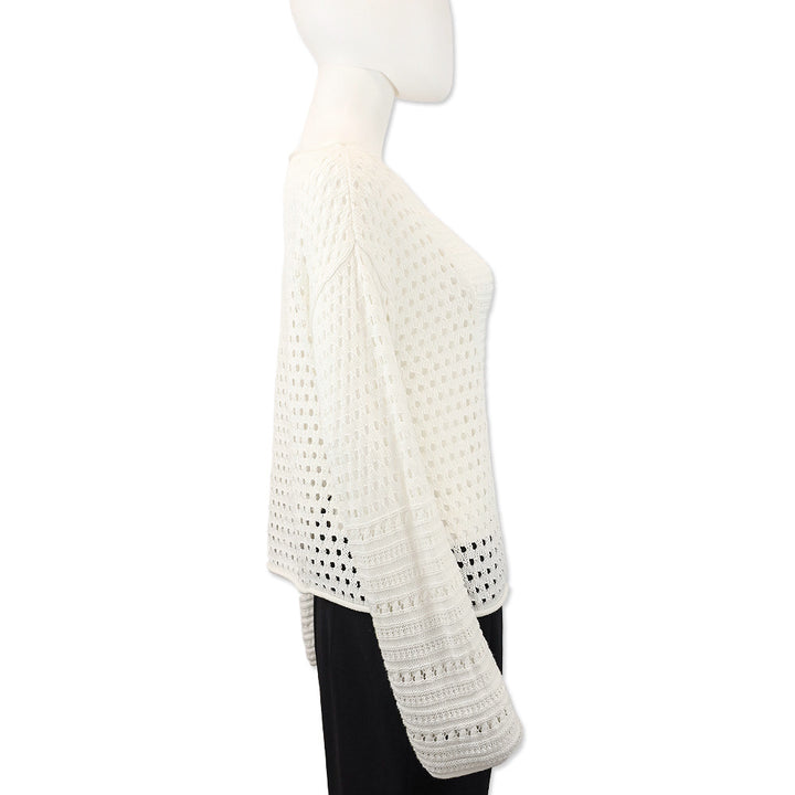 Ramy Brook White Crochet Cotton Knit Long Sleeve Top