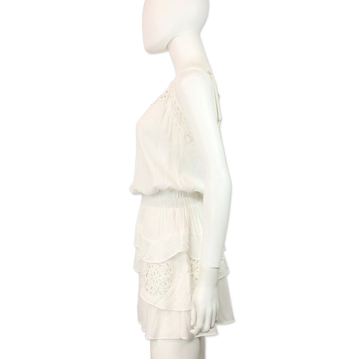 Ramy Brook White Sheer Smocked Waist Eyelet Detail Sleeveless Mini Dress