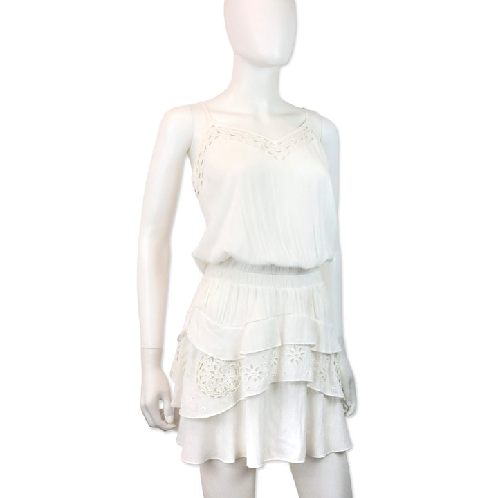 Ramy Brook White Sheer Smocked Waist Eyelet Detail Sleeveless Mini Dress
