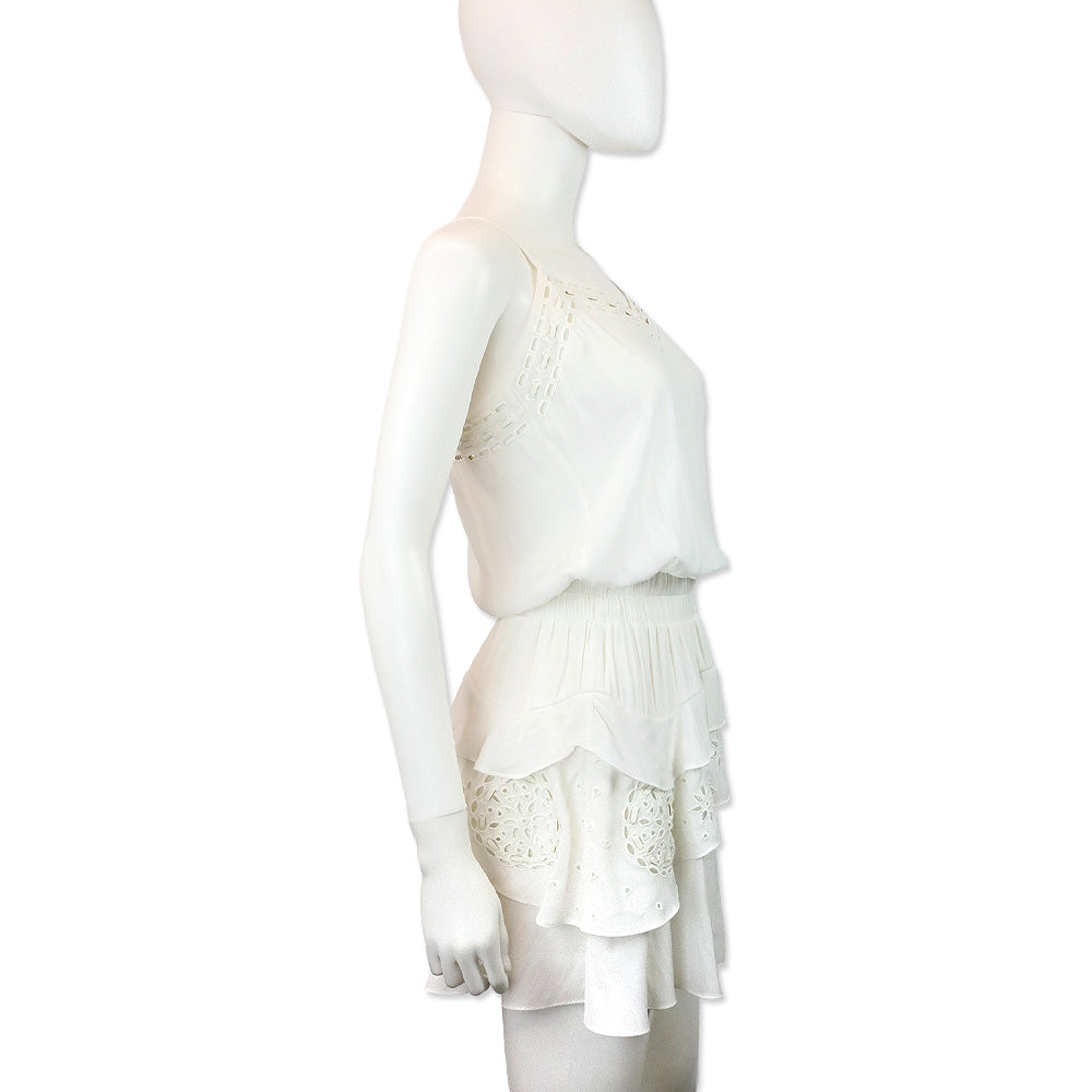 Ramy Brook White Sheer Smocked Waist Eyelet Detail Sleeveless Mini Dress