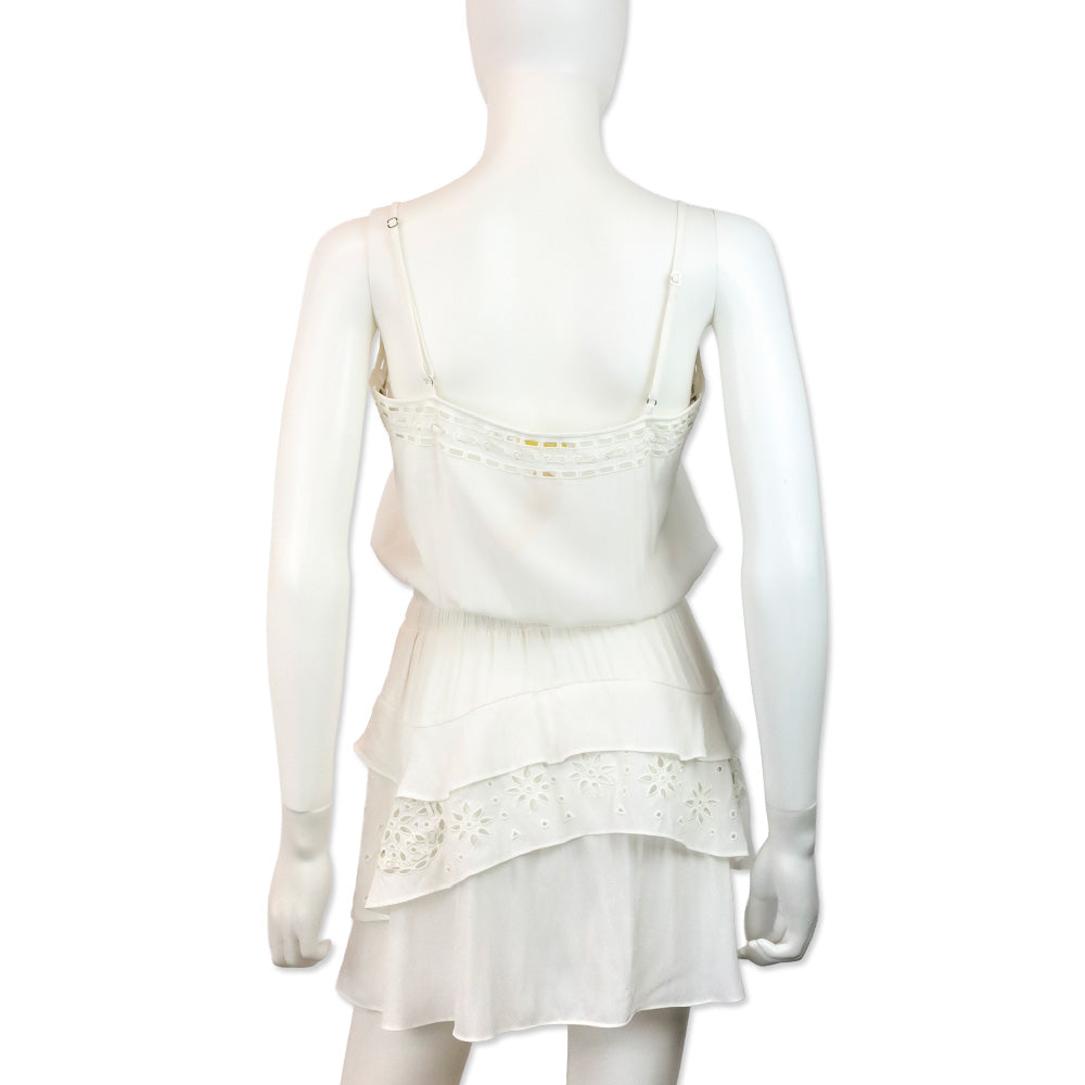Ramy Brook White Sheer Smocked Waist Eyelet Detail Sleeveless Mini Dress