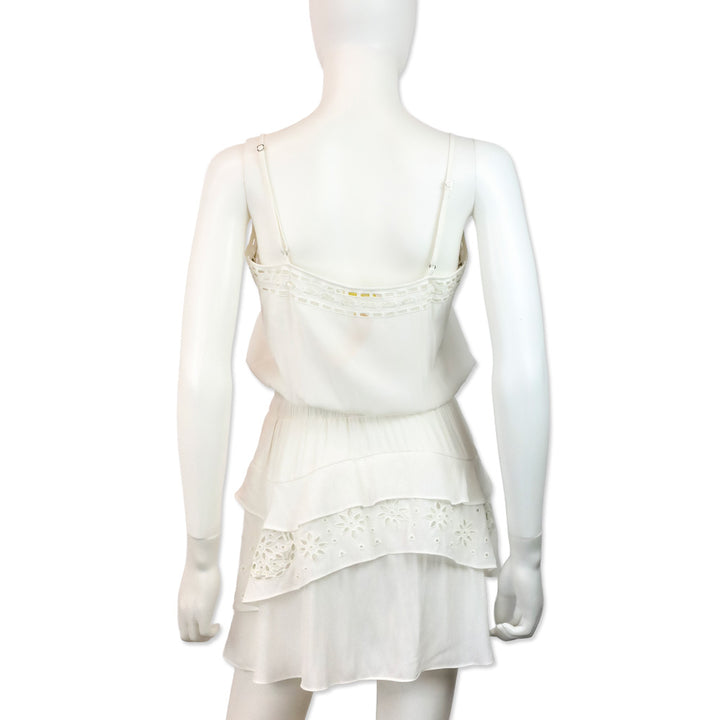 Ramy Brook White Sheer Smocked Waist Eyelet Detail Sleeveless Mini Dress