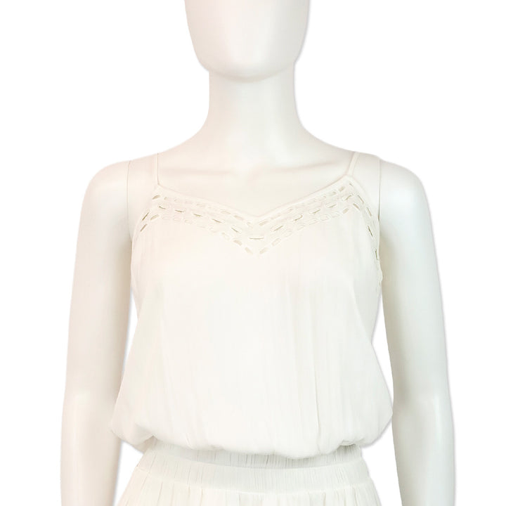 Ramy Brook White Sheer Smocked Waist Eyelet Detail Sleeveless Mini Dress