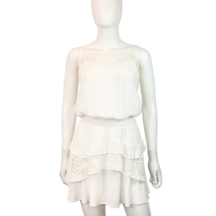 Ramy Brook White Sheer Smocked Waist Eyelet Detail Sleeveless Mini Dress