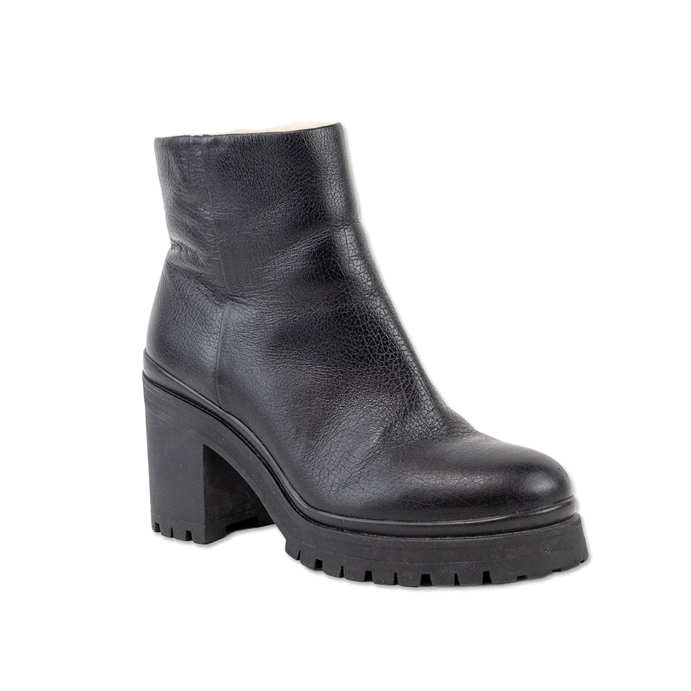 Rebecca Taylor Black Leather Ankle Boots with Faux Shearling Lining