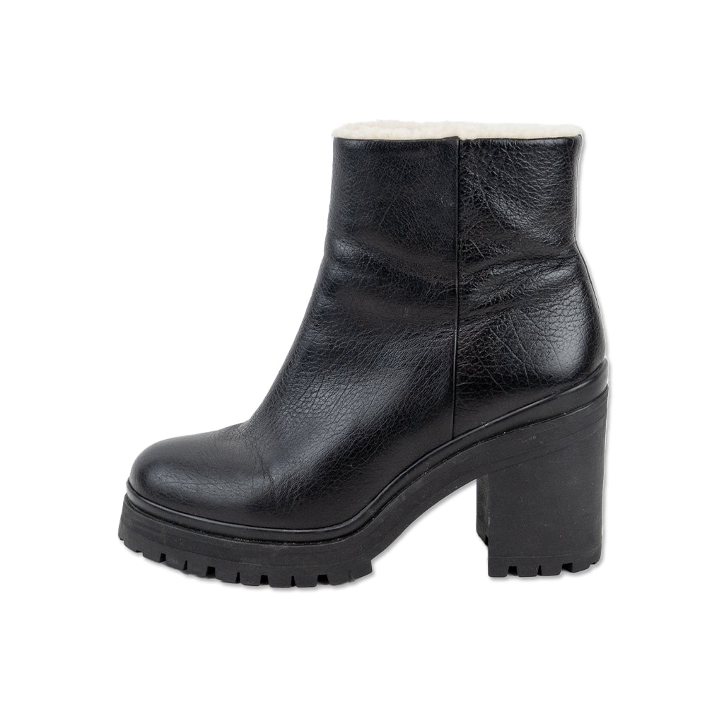 Rebecca Taylor Black Leather Ankle Boots with Faux Shearling Lining