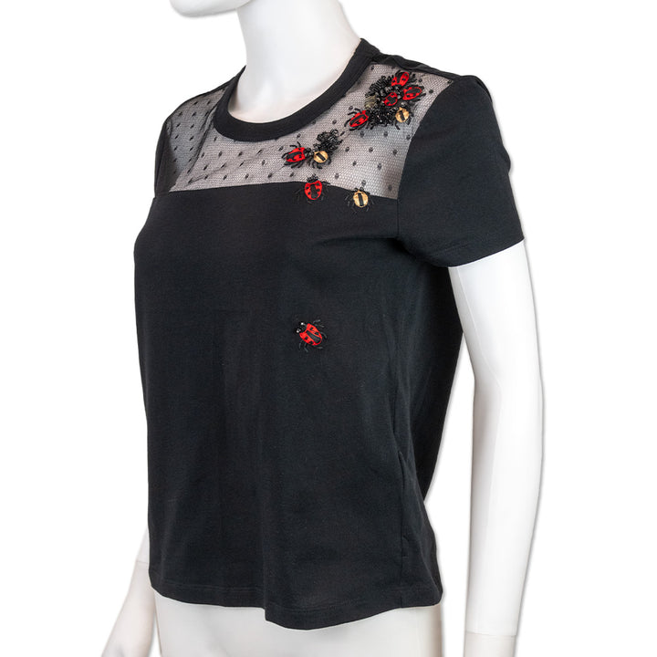 Red Valentino Black Beaded Lady Bug Mesh Short Sleeve Top