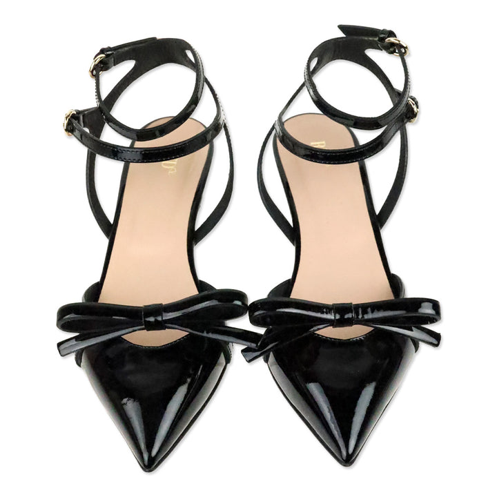 Red Valentino Black Patent Leather Ankle-Strap Bow Kitten Heel