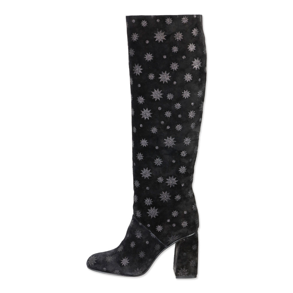 Red Valentino Black Suede Glitter Star Knee High Boots