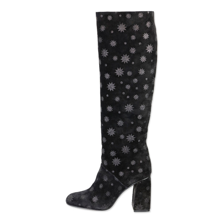 Red Valentino Black Suede Glitter Star Knee High Boots