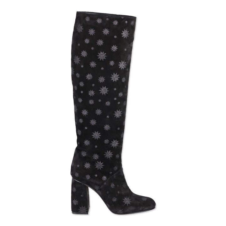 Red Valentino Black Suede Glitter Star Knee High Boots