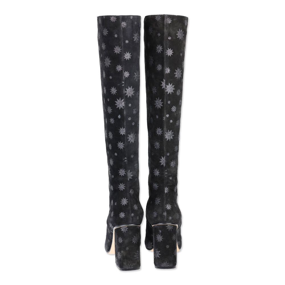 Red Valentino Black Suede Glitter Star Knee High Boots