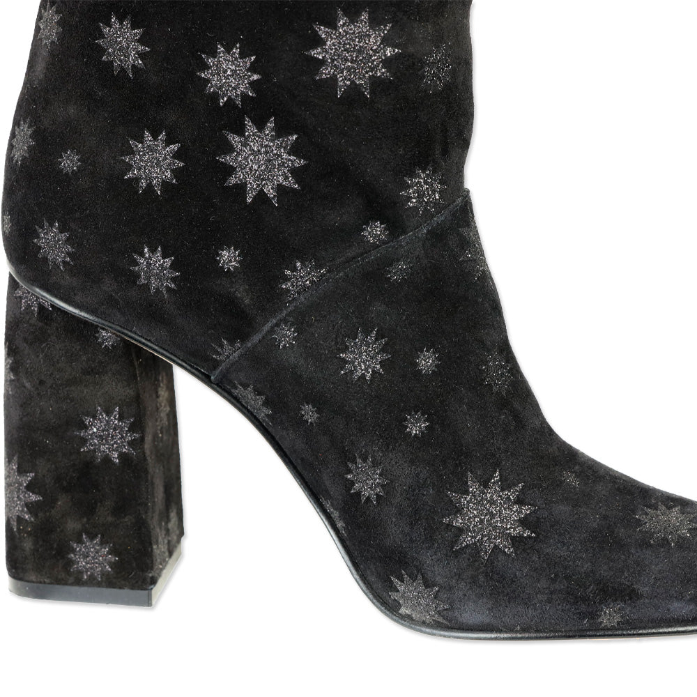 Red Valentino Black Suede Glitter Star Knee High Boots