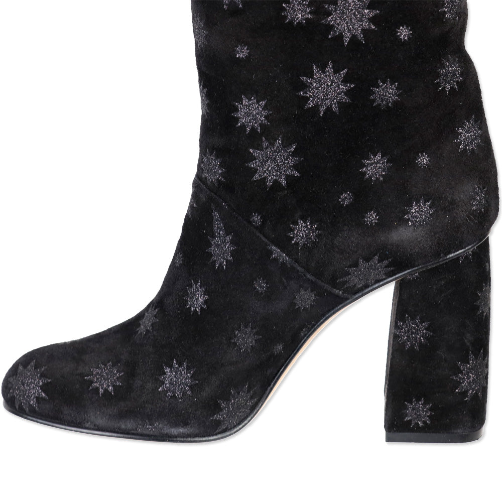 Red Valentino Black Suede Glitter Star Knee High Boots