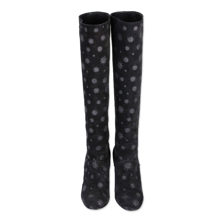 Red Valentino Black Suede Glitter Star Knee High Boots