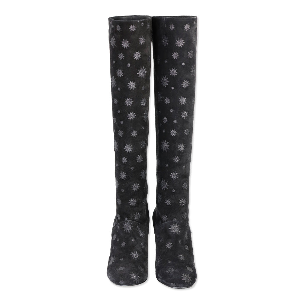Red Valentino Black Suede Glitter Star Knee High Boots
