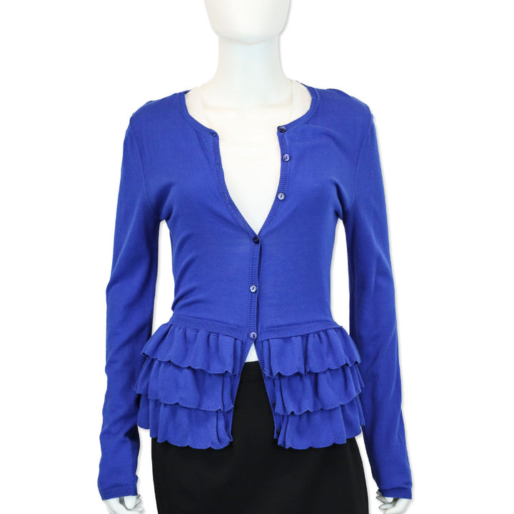 Red Valentino Cobalt Blue Knit Layered Ruffled Peplum Cardigan Sweater