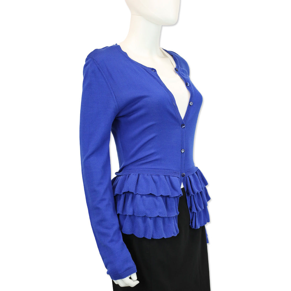 Red Valentino Cobalt Blue Knit Layered Ruffled Peplum Cardigan Sweater