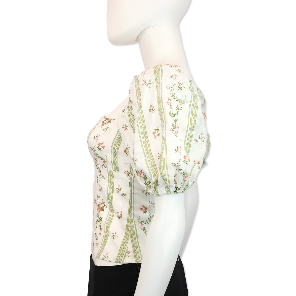 Reformation Heath Floral-Print Smocked Arancini Linen Top