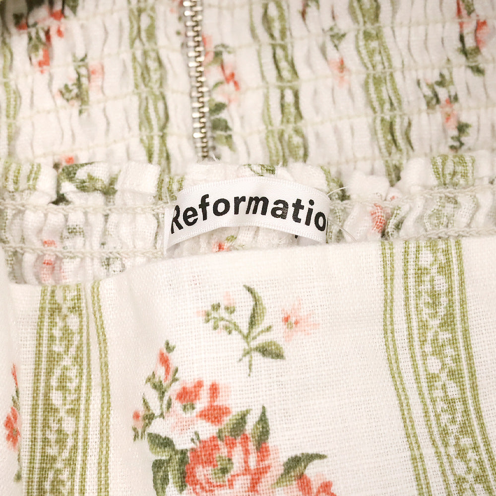 Reformation Heath Floral-Print Smocked Arancini Linen Top