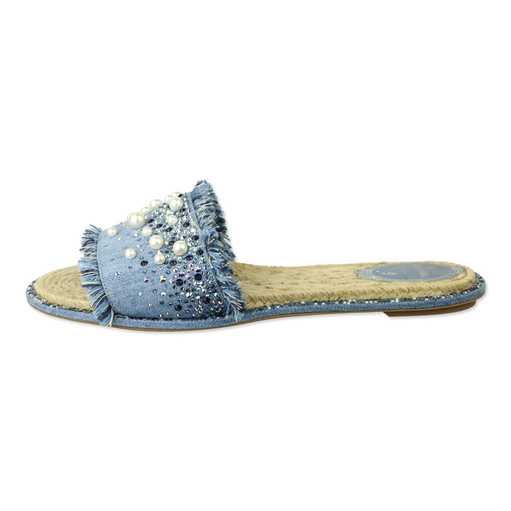René Caovilla Blue Fringed Denim Pearl Crystal Slide Sandals
