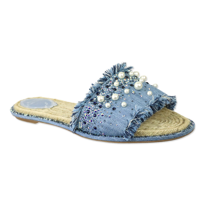 René Caovilla Blue Fringed Denim Pearl Crystal Slide Sandals